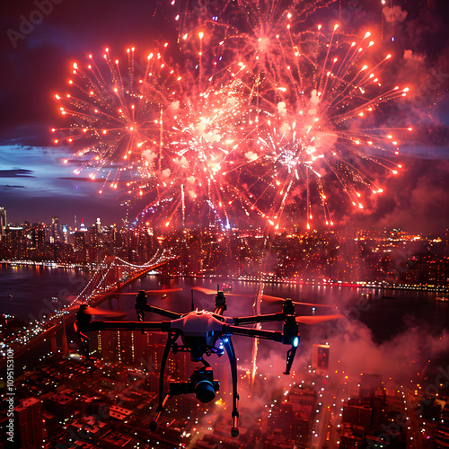 highdefinition shot of a drone capturing aerial views of a 4th of july fireworks display, with ample copy space with white shades, text area, png photo