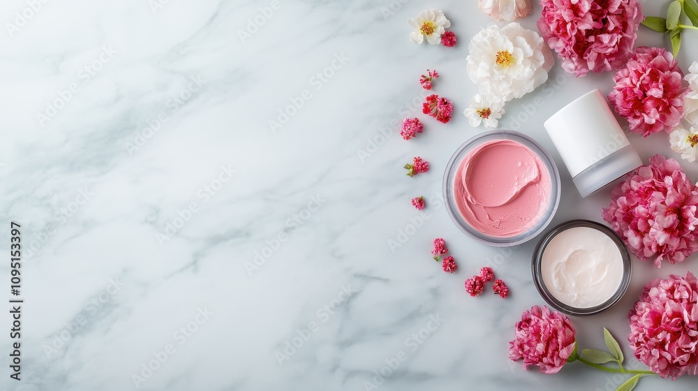 Vibrant Arrangement of Multiple Moist Skincare Products Surrounded by Fresh Flowers on a Marble Surface for a Relaxing Aesthetic Vibrant Arrangement of Multiple Moist Skincare Products Surrounded by Fresh Flowers on a Marble Surface for a Relaxing Aesthetic