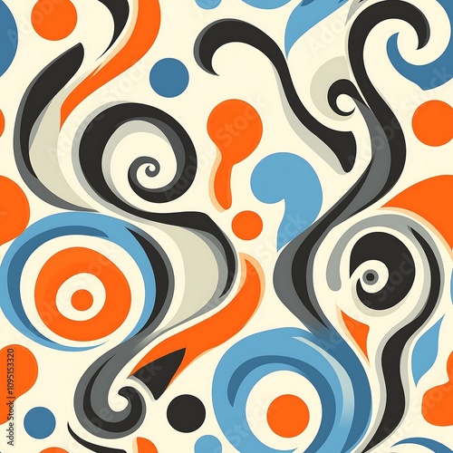 Abstract Swirls and Dots Seamless Pattern: This vibrant and playful pattern features a seamless blend of swirling lines, circular dots, and organic shapes in a captivating palette of black, orange. photo