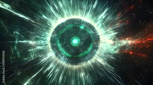 Eye-shaped portal with radiant green and blue lights, radiating beams in all directions against the dark background.