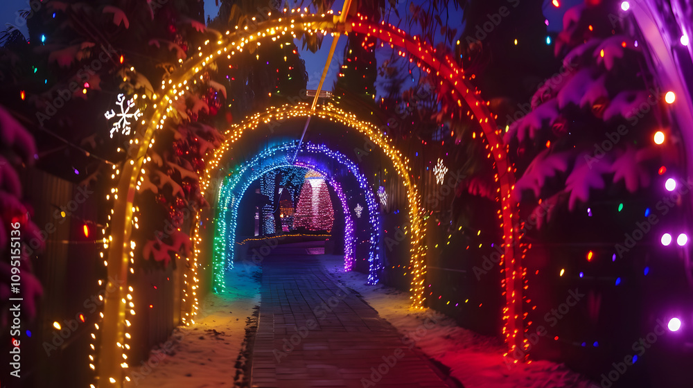 Fototapeta premium Christmas lights on a busy street with lots of people.stunning hues of the nightlight tunnel as a backdrop. The day of happiness is depicted in every decoration.