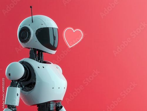 Robot expressing gratitude, holographic heartshaped dialogue bubble, 3D illustration