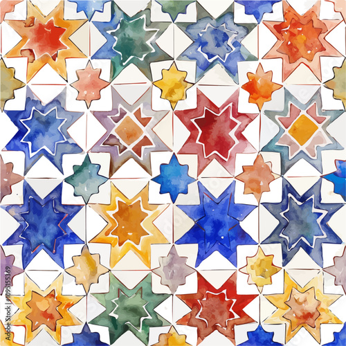 A watercolor vector of Star Patterns in Zellige, isolated on a white background. Star Patterns vector.