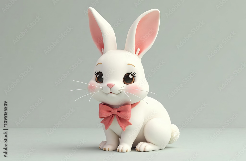 Fototapeta premium Cute white rabbit with a bow on its neck, light background. 