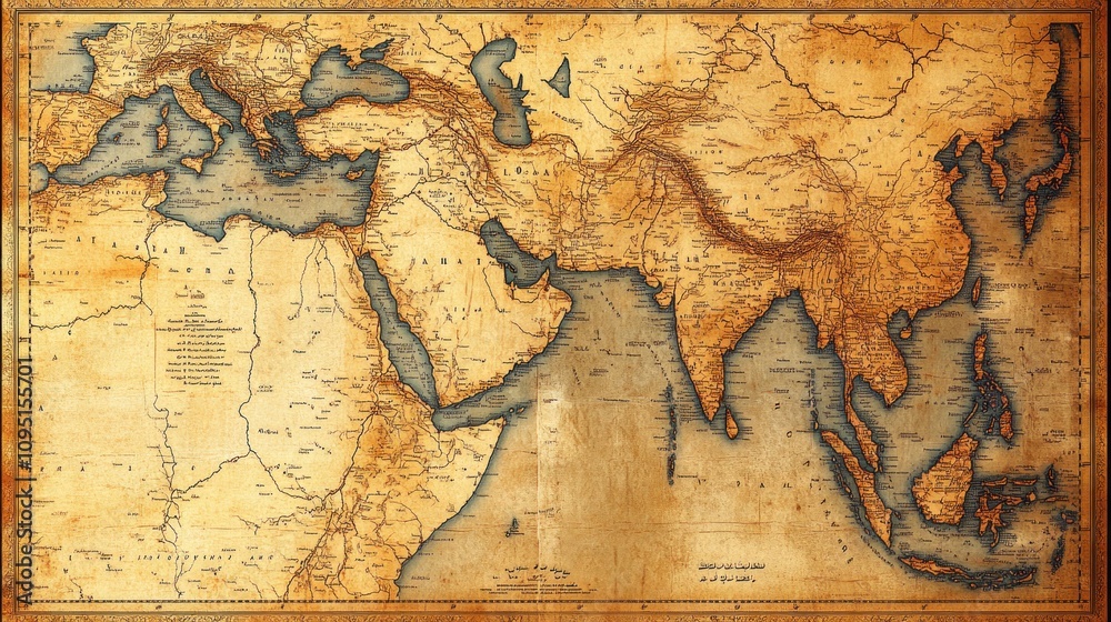Naklejka premium Antique Map Depicting Asia and Surrounding Regions
