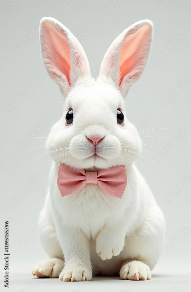 Fototapeta premium Cute white rabbit with a bow on its neck, light background. 