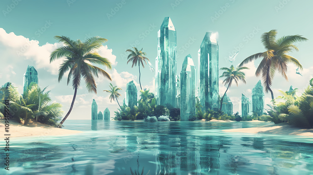Naklejka premium Explore a forgotten paradise with towering palm trees swaying in the crystal clear waters of an abandoned tropical island. Floating Crystal Tower. Illustration