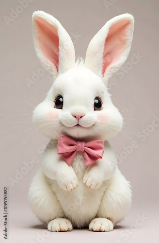 Cute white rabbit with a bow on its neck, light background.  photo