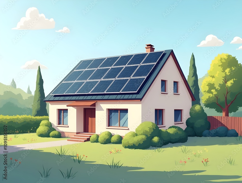 illustration of a sunny day with a small house with a red roof and solar panels. The house has a door and a window. illustration of a sunny day with a small house with a red roof and solar panels. The house has a door and a window.