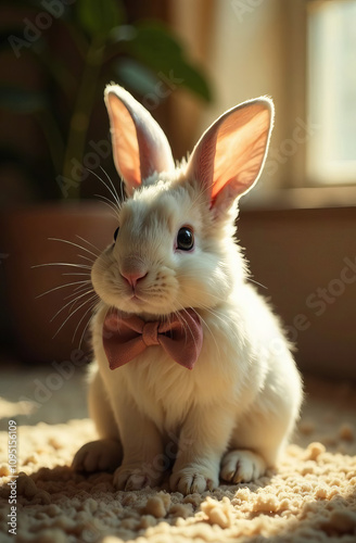 Cute white rabbit with a bow on its neck, light background.  photo