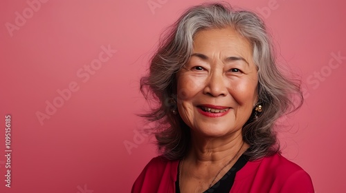 A cheerful elderly woman with gray hair smiles warmly against a pink background.