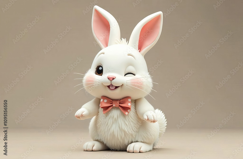 Cute white rabbit with a bow on its neck, light background. 