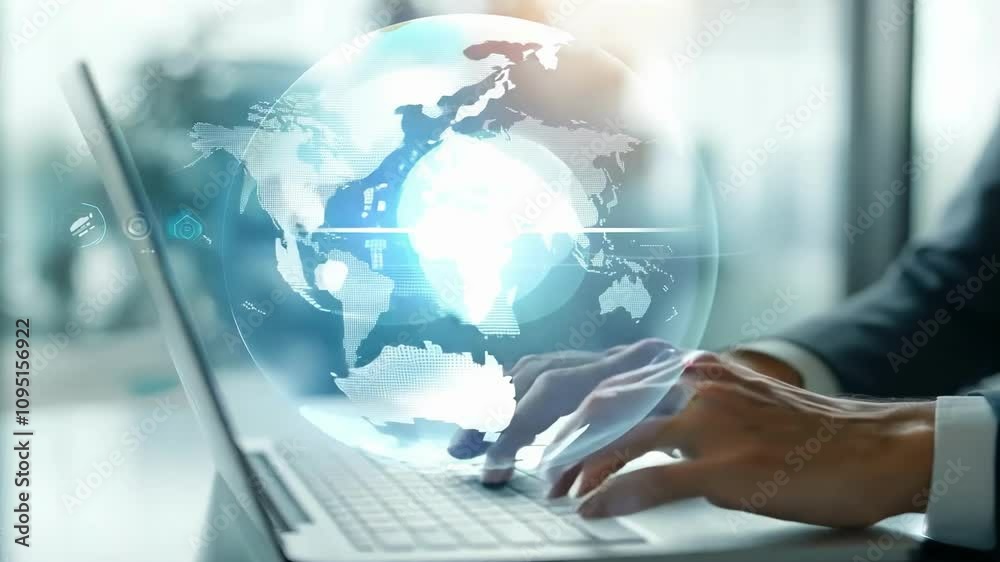 Businessman is diligently working on his laptop, strategically planning his next move in the global market. The world map behind him symbolizes his international business aspirations