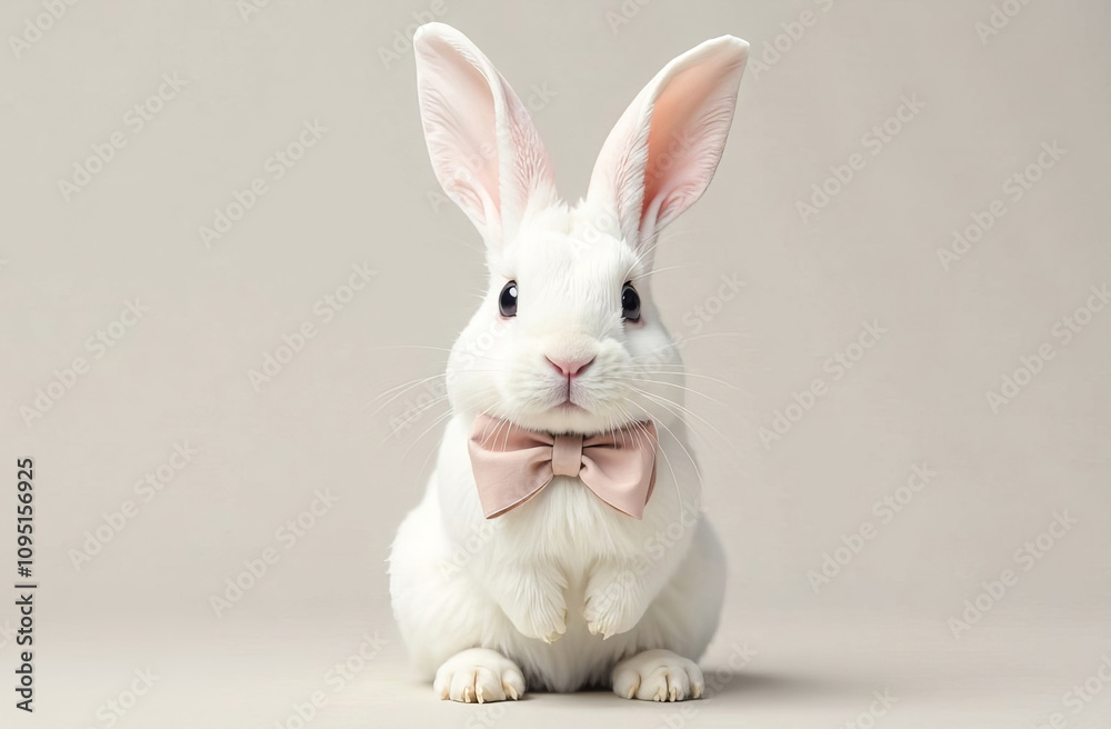 Fototapeta premium Cute white rabbit with a bow on its neck, light background. 