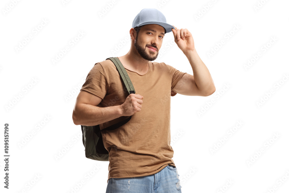 Young man with a backpack holding his cap Young man with a backpack holding his cap