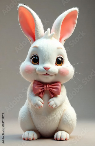 Cute white rabbit with a bow on its neck, light background. 