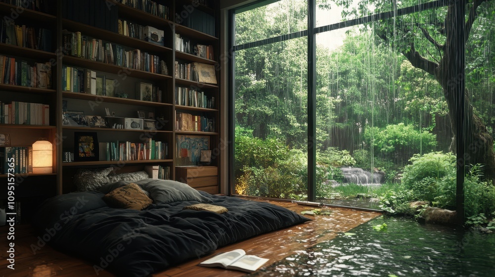 Rainy Day Serenity Book Nook Peaceful Forest View Bedroom Interior Rainy Day Serenity Book Nook Peaceful Forest View Bedroom Interior
