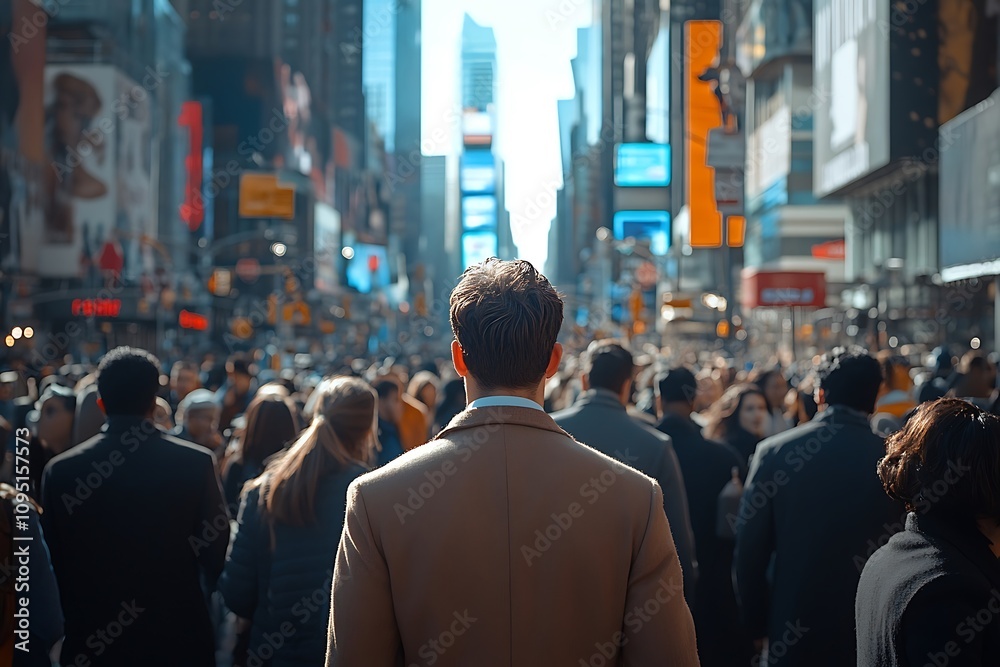 Obraz premium NYC Businessman Commutes Times Square Crowd, Blurred Background
