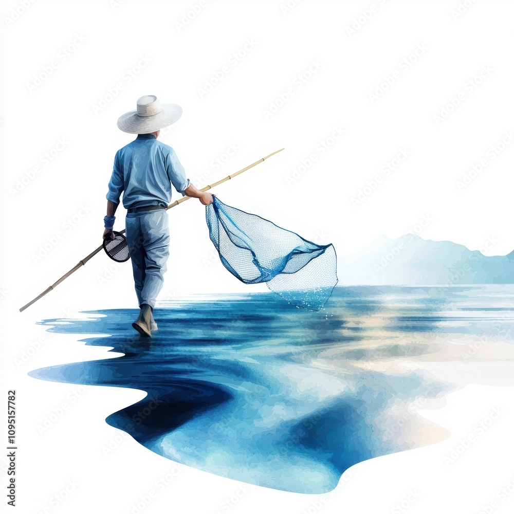 Fototapeta premium a fisherman casting a net, traditional job focus, lifelike detail, aquatic tones, isolated on white background
