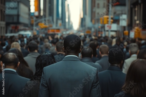 NYC Businessman Suits, Skyscrapers, Dense Crowd, Depth of Field