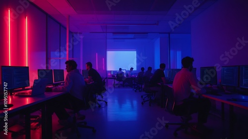 Programmers Working Late Night In Neon Lit Office