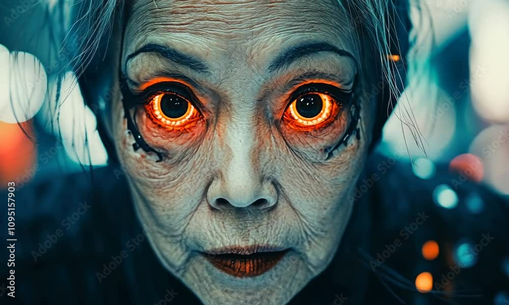 Elderly Woman with Glowing Eyes in a Cyberpunk Setting