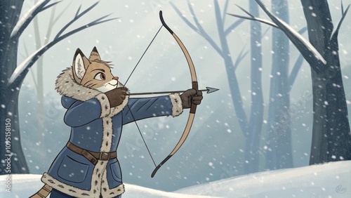 A young lynx Therian confidently practices archery against the backdrop of snowy trees focusing intently while tucked into a cozy winter coat.