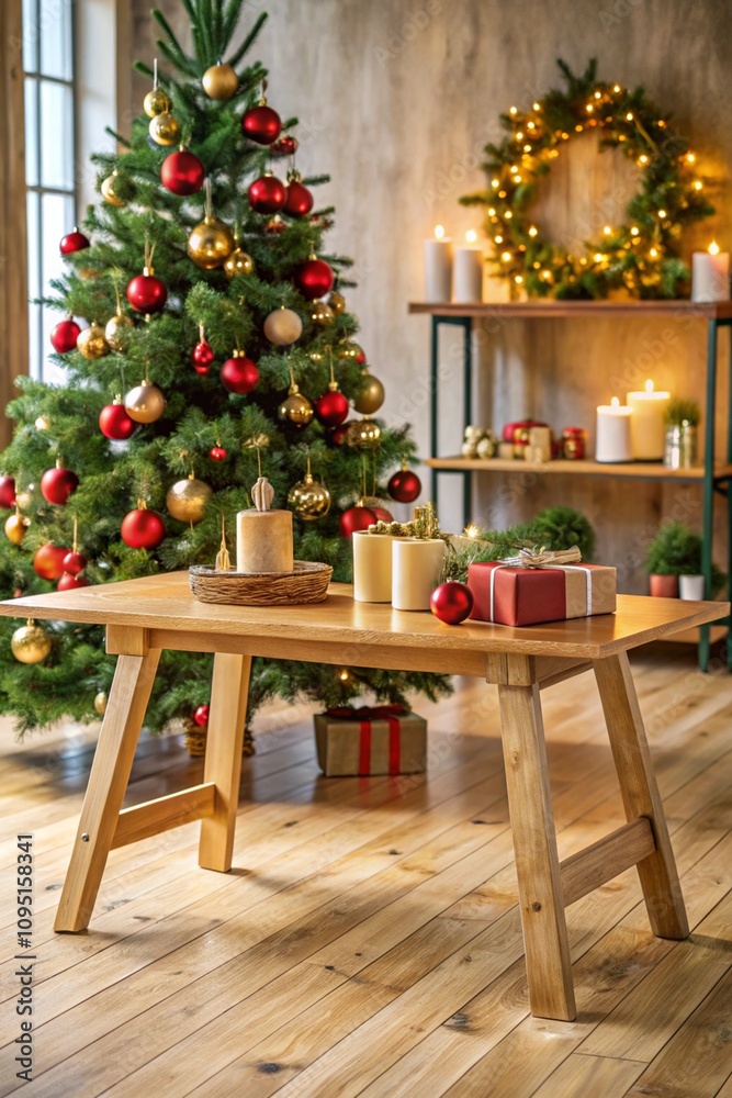 Wooden table and stand for Christmas product presentation Wooden table and stand for Christmas product presentation