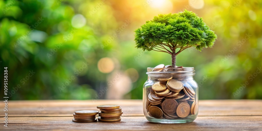 Green Growth Coins in a Jar with a Tree Sprouting Through, Symbol of Financial Prosperity and Nature's Bounty, Shot on Wooden Table with a Defocused Green Background Green Growth Coins in a Jar with a Tree Sprouting Through, Symbol of Financial Prosperity and Nature's Bounty, Shot on Wooden Table with a Defocused Green Background
