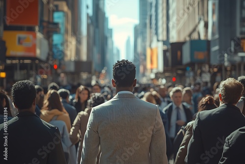 NYC Commuter Anonymous Suits, Back View, Modern Architecture