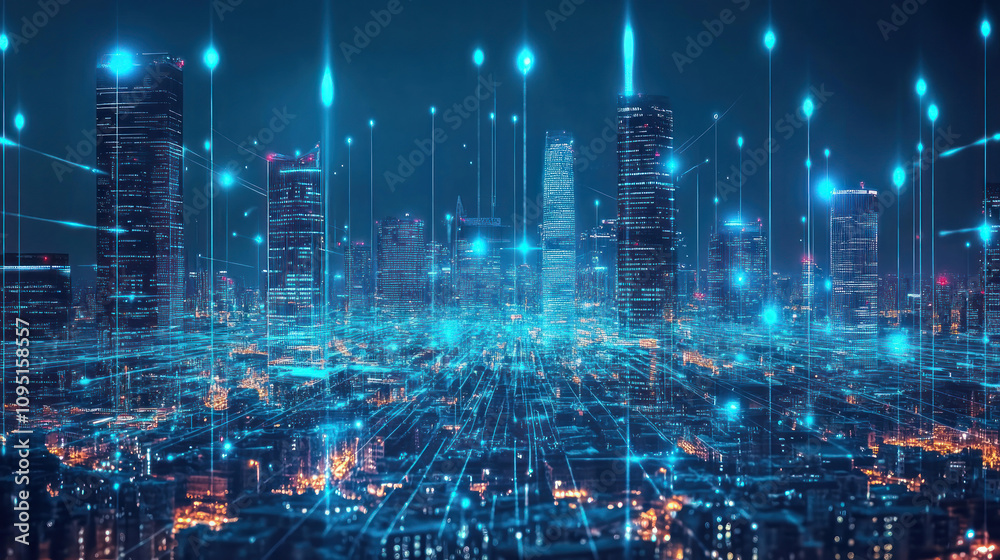Futuristic city skyline as a hologram, AI care robots visible on streets, soft blue glow Futuristic city skyline as a hologram, AI care robots visible on streets, soft blue glow