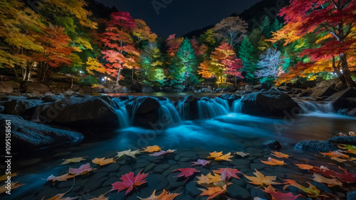 Sento imperial palace is japan palace in kyoto,With fiery maple along the footpath,Autumn scenery of maple reflected in the North lake(Kitaike) is