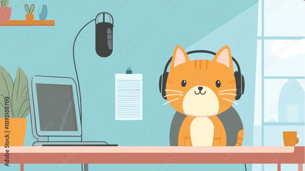 Cute Animated Cat with Headphones Sitting at a Desk in a Cozy Office Space Featuring a Computer and Microphone, Ideal for Fun and Creative Illustrations Cute Animated Cat with Headphones Sitting at a Desk in a Cozy Office Space Featuring a Computer and Microphone, Ideal for Fun and Creative Illustrations