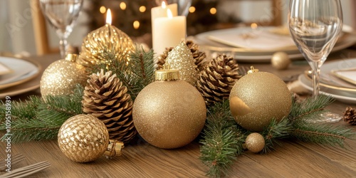 A table setting background with golden ornaments, pinecones, and candles, creating a cozy and festive atmosphere