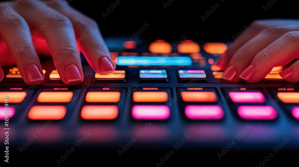 Obraz premium Female Hands on Illuminated Music Production Controller