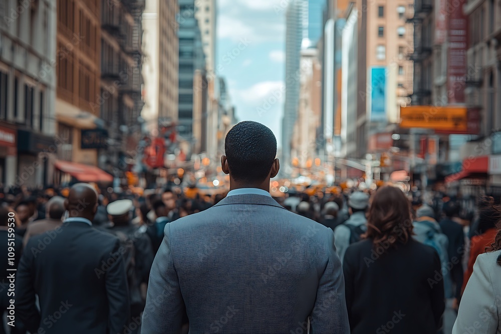 NYC Man Amidst Blurred Crowd of Pedestrians NYC Man Amidst Blurred Crowd of Pedestrians