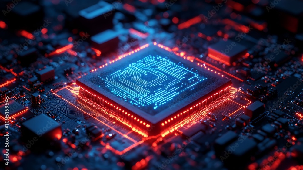 Close-up of a glowing CPU on a circuit board. Close-up of a glowing CPU on a circuit board.