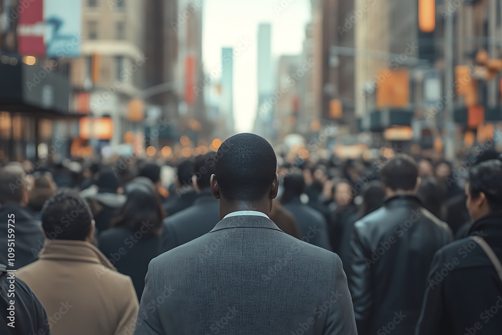 NYC Man in Suit Back View, Blurred Crowd Walking Sunlit Street NYC Man in Suit Back View, Blurred Crowd Walking Sunlit Street