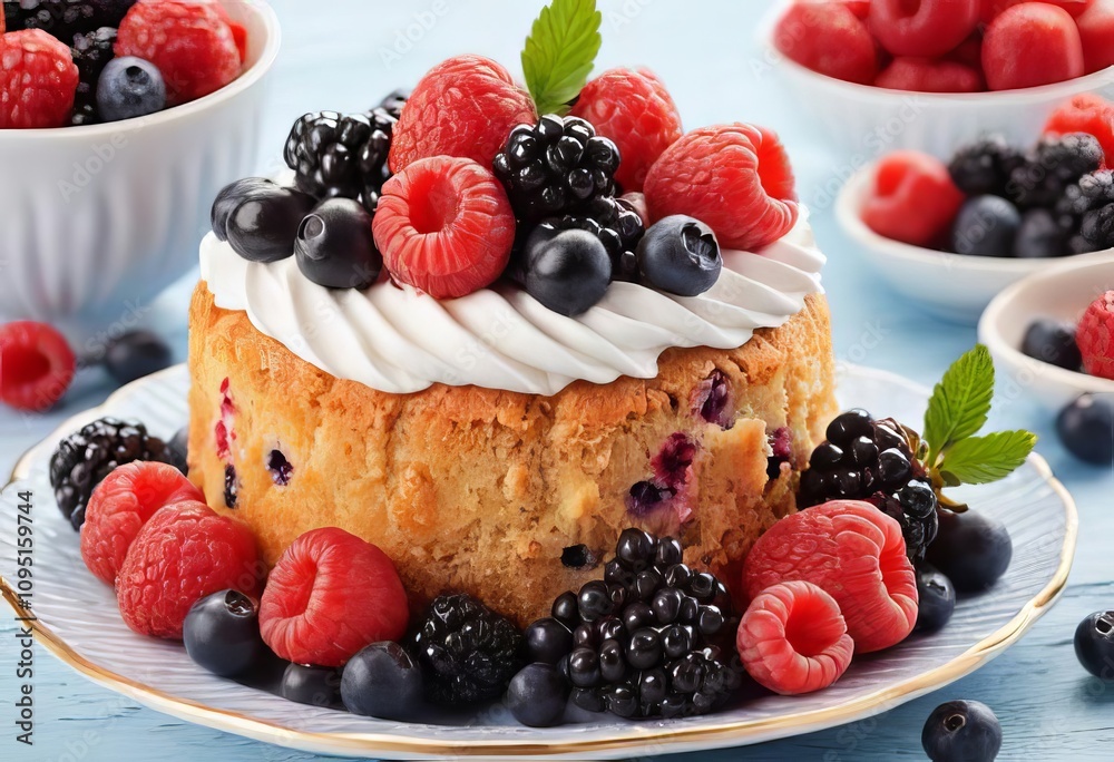 A close-up of a slice of cake with fresh berries on top A close-up of a slice of cake with fresh berries on top