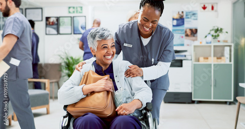 Excited, doctor and patient in wheelchair for recovery, healing or surgery success in hospital. Happy people, senior woman or nurse in lobby for discharge, cancer free or rehabilitation in healthcare photo