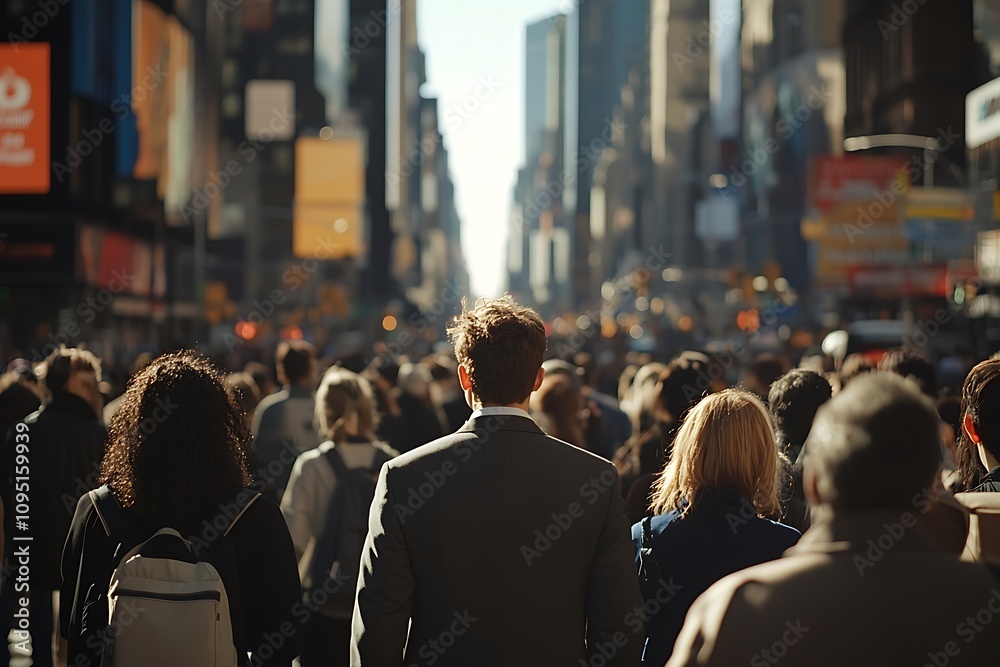 NYC Man Walking Back, Bustling Crowd, High-Rise City NYC Man Walking Back, Bustling Crowd, High-Rise City