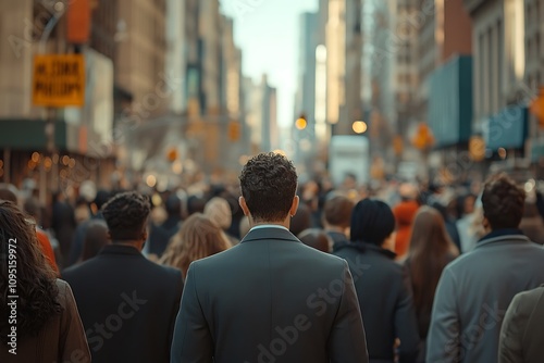 NYC Man Walking Busy Street Depth of Field, Urban Landscape