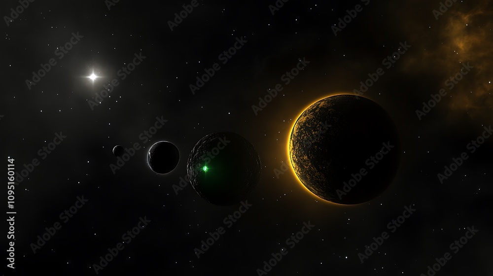 Naklejka premium Three Planets and a Star in a Dark, Starry Sky