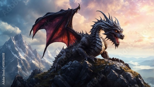 Majestic Dragon Perches on a Mountain Top, Breathing Fiery Flames