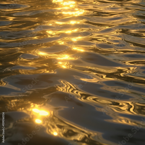A close-up of rippling water with soft golden sunlight reflections