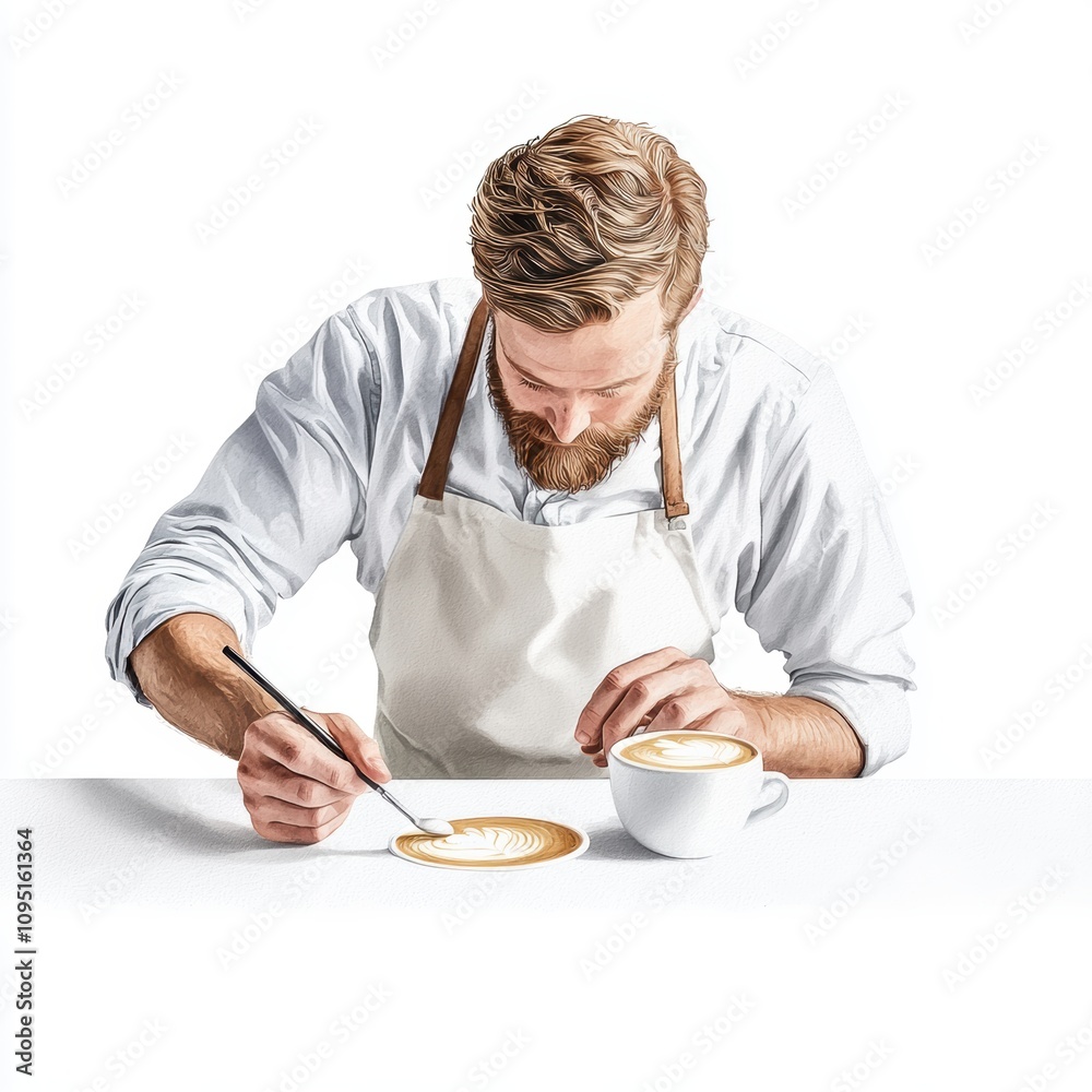 a barista making coffee, hospitality industry focus, hyper-realistic depiction, warm textures, isolated on white background a barista making coffee, hospitality industry focus, hyper-realistic depiction, warm textures, isolated on white background