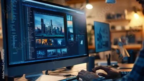 Wallpaper Mural Video editor works late at night, using professional software on a powerful computer to edit footage in a dark office Torontodigital.ca