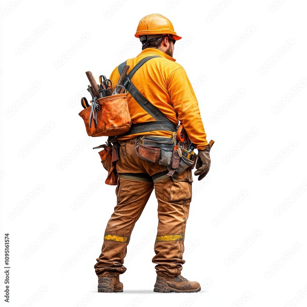 a construction worker with tools, industrial profession, highly detailed photorealism, rugged textures, isolated on white background a construction worker with tools, industrial profession, highly detailed photorealism, rugged textures, isolated on white background