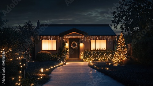 Cozy house decorated with lights for a festive evening.