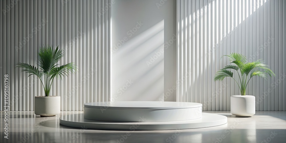 Minimalist White Platform with Palm Plants and Sunbeams Minimalist White Platform with Palm Plants and Sunbeams